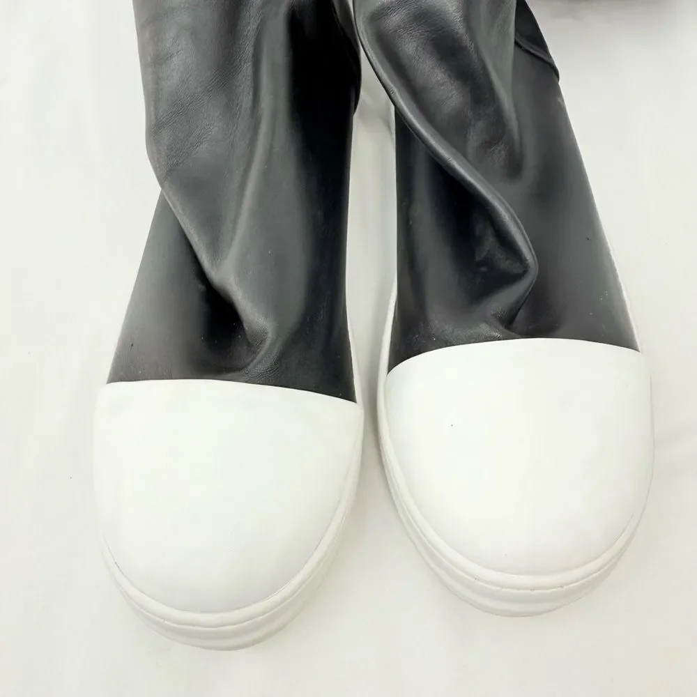 Kluolandi Black Faux Leather White Shoe Over the Knee Pull On Sneaker Boots